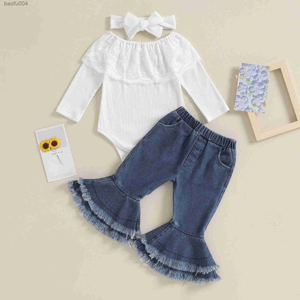 Conjuntos de roupas novos bonitos do bebê meninas roupas 3 pçs crianças roupas rendas manga longa alargamento jeans bandana conjunto roupas infantis r231113