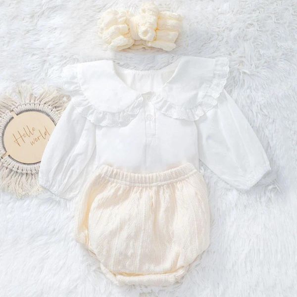 Conjuntos de roupas primavera outono roupas elegantes para bebê menina boneca colarinho branco top de malha algodão pp shorts headband criança bonito boutique terno