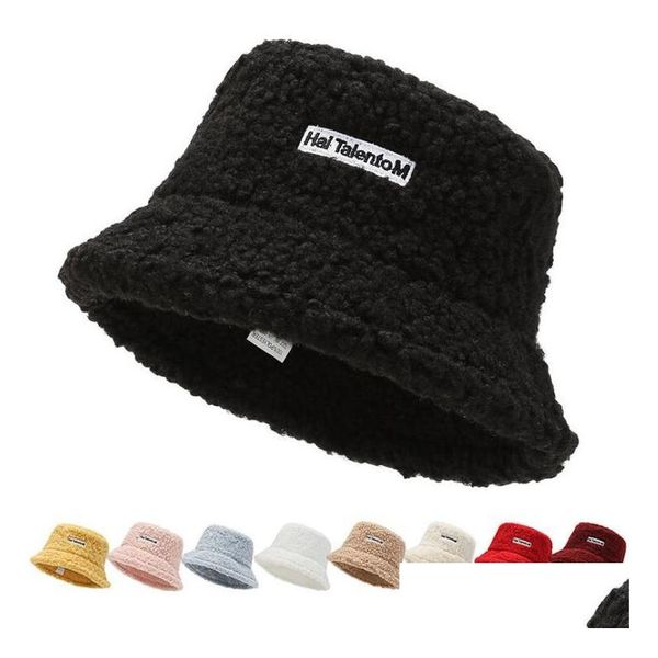 Pure Color Bucket Hat Female Winter Lamb Hair Warm Embroidery Letters Fisherman Cap Fashion Shop Tourism Cold Basin Hats Drop Delivery Dhp2L