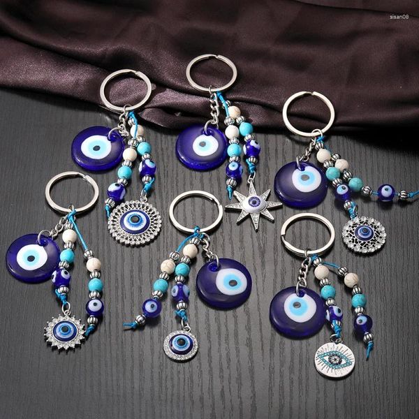 Chaveiros Azul Evil Eye Star Flor Keyring Mulheres Homens Vidro Vintage Oco Rodada Turquia Lucky Beads Bag Car Presente Jóias