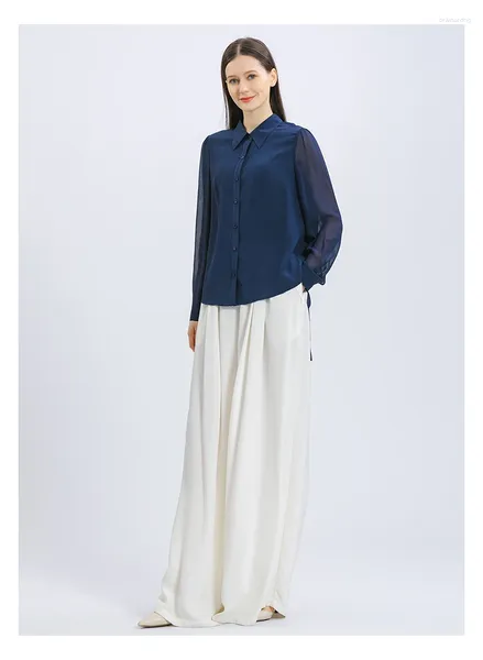 Blusas femininas de seda suave azul marinho gola polo camisa manga georgette tecido costura listrado design de cauda de andorinha feminino be965