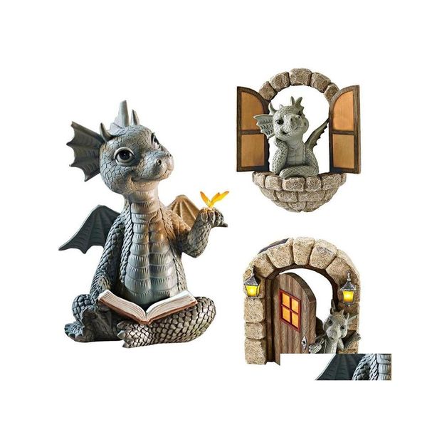 Decorações de jardim Little Dragon Scpture Decor Resina Zen Figuras Ornamentos de estátua para a parede da cerca do jardim de jardim 220728 Drop Deliver