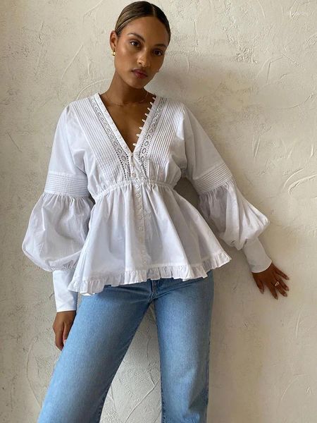 Blusas femininas camisa feminina 2023 verão puff manga com decote em v sem costas longo branco original topo