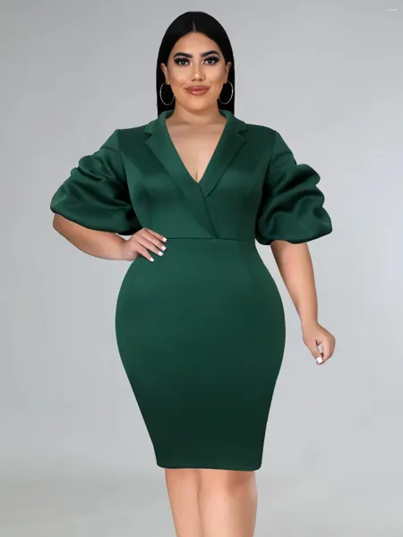 Plus size vestidos verde decote em v 4xl manga curta puff bodycon na altura do joelho trabalho de escritório vestidos de festa de noite para mulheres natal