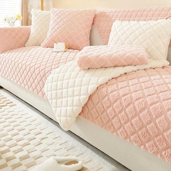 Coprisedie Cuscino per divano in peluche nordico Copridivano addensato scozzese rosa per la casa Tappetino decorativo per coperta in asciugamano morbido lavabile antiscivolo