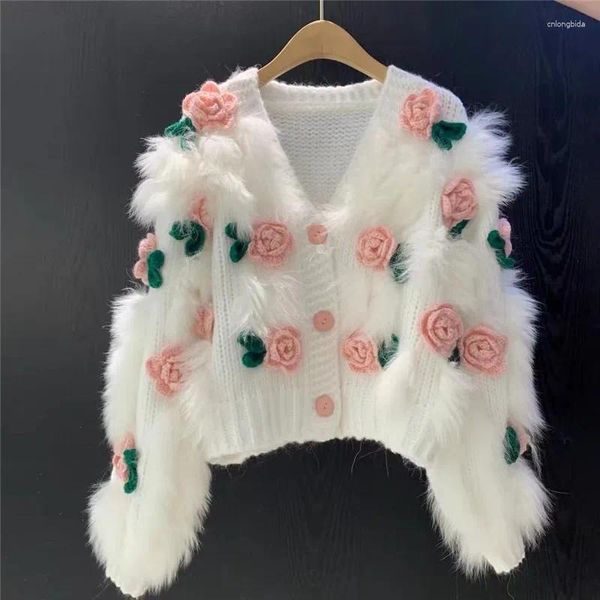 Kadın Örgü Sonbahar Kış 3d Gül Çiçekleri Kadın Sweaters Şık Tüy Örgü Haligan Püskül Kırpılmış Kaşmir Triko Palto