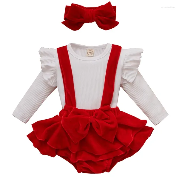 Kleidungssets 3-teiliges Frühlings-Herbst-Kleinkind-Mädchen-Outfit-Set Geborene Kleidung Koreanische süße Schleife Langarm-Tops Shorts Stirnband Babykostüm BC1172