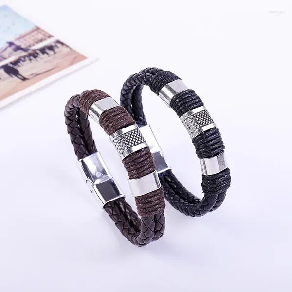 Charm Bracelets Pulseira de couro masculina preta/marrom escuro com fecho magnético - punho trançado feito à mão PL30FG-3D
