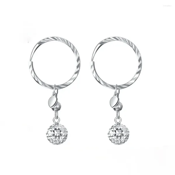 Brincos PT950 Pure Platinum 950 Dangle Mulheres Lucky Esculpido Bead Ball Hoop 2.2-2.4g