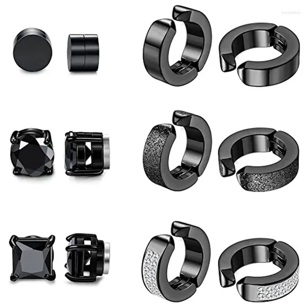 Brincos traseiros wkoud 6 pares de pino magnético de aço inoxidável para homens e mulheres, clipe de argola em cz, não piercing, preto, todas as idades