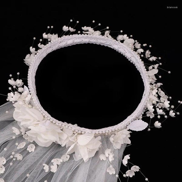 Fermagli per capelli Gioielli da sposa Fascia per capelli con perle Copricapo Fiore bianco Fascia per capelli per spose Copricapo in pizzo Copricapo Accessori da sposa