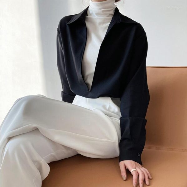 Женские блузки Deeptown Vintage Women White White Woman Office Office Корейская модная рубашка Негабаритная V Sece Long Elive Tops Basic Chic