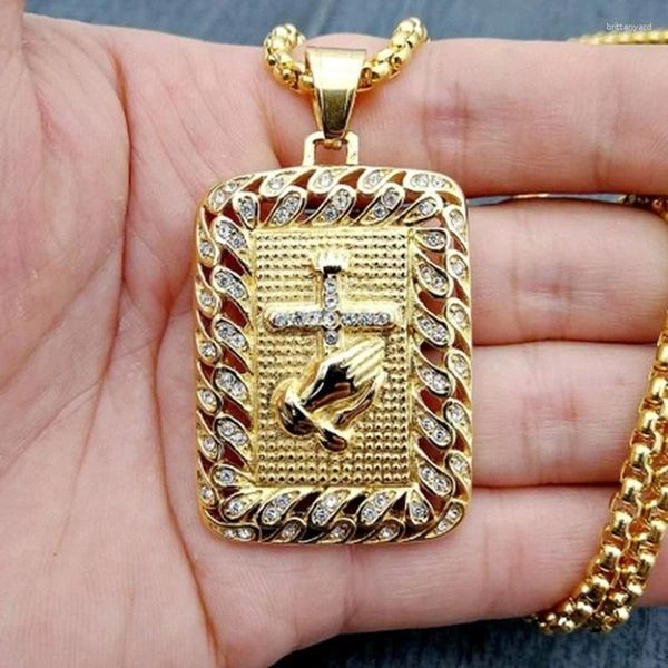 Anhänger Halsketten Herren 316L Edelstahl Kette Halskette Religiöses Quadrat Betende Hände Kreuz Motorrad Party Männer Hip Hop Schmuck