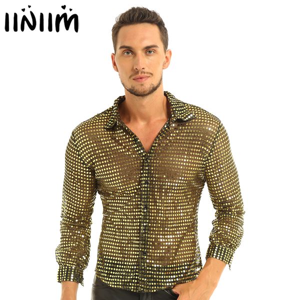 Camicie casual da uomo Camicie da smoking da uomo Paillettes lucide Vedere attraverso la maglia Manica lunga Clubwear per Night Party Show Dancing Performance Top Shirt 230412