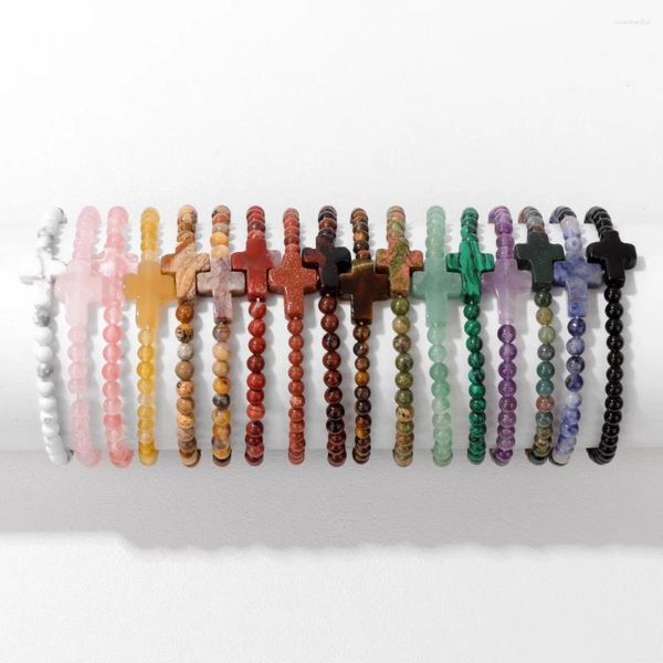 Strand na moda 4mm contas pulseira pedra cruz encantos para mulheres gemas naturais pulseiras de cristal jóias artesanais homens yoga oração