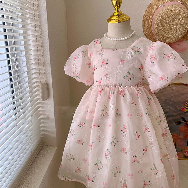 Vestidos de menina Vestido de garotas verão 2-8 anos de idade, doce rosa floral arco de princesa vestido 230413