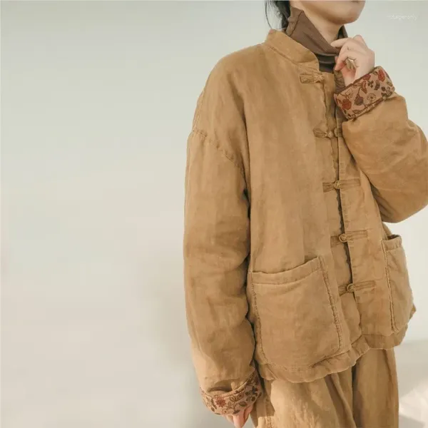 Damen-Trenchmäntel Johnature Frauen-Parkas im chinesischen Stil, lange Ärmel, Taschen, Knopf, warm, einfarbig, 2023 Winter, Vintage