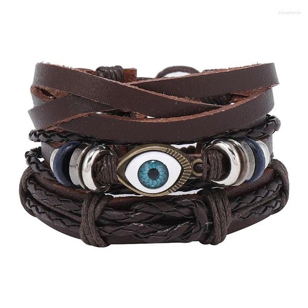 Браслет, 3 шт./компл., плетеные кожаные браслеты для мужчин, винтажный браслет с подвеской в виде глаз, натуральный этнический браслет в этническом стиле, веревочный браслет