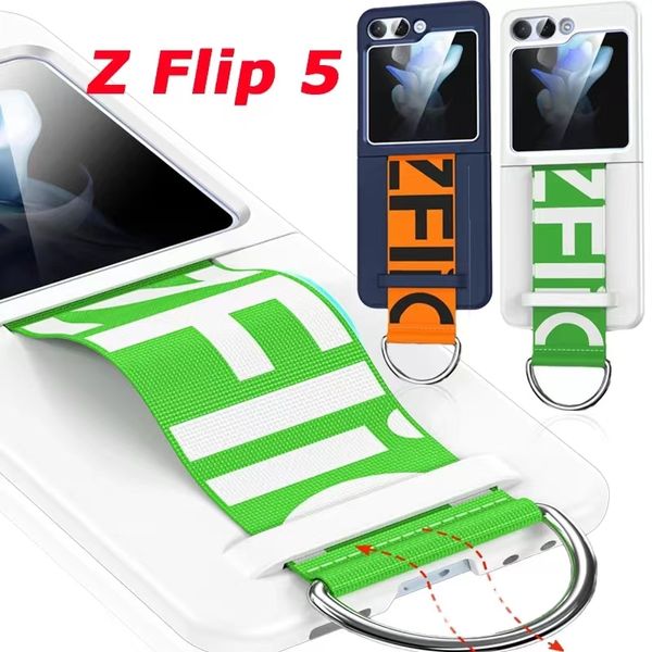 Luxo alça de pulso anel titular caso para samsung galaxy z flip 5 3 4 5g fino fosco pc à prova de choque mão corrente banda zflip 5 capa