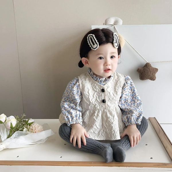 Kleidung Sets 2023 Herbst Koreanische Geboren Baby Mädchen 2PCS Kleidung Baumwolle Floral Langarm Strampler Geraffte Weste Anzug Infant mädchen Outfits
