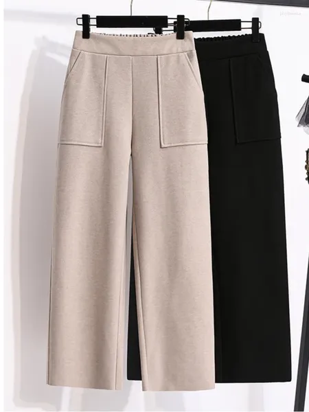 Pantaloni da donna Taglie forti Autunno Inverno Pantaloni larghi di lana caldi per le donne Pantaloni con tasche a vita alta Panno casual 5XL di qualità