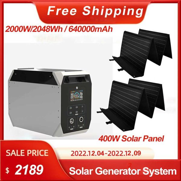 220V Power Power Central 2000W com painel solar de 200W 1000W Sistema de gerador solar 12V 220V Cell Bank Power Bank LifePo4