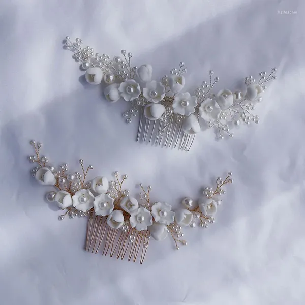 Fermagli per capelli Pettine per fiori in porcellana Pezzo da sposa Perle Gioielli da sposa Accessori da donna fatti a mano in colore oro argento