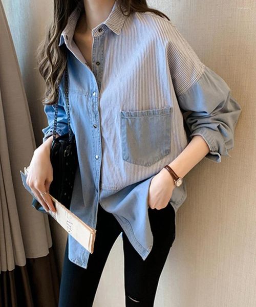 Blusas femininas denim vintage jean topos casual manga longa senhora tendência cardigan moda femme camisa casaco coreano chique botão