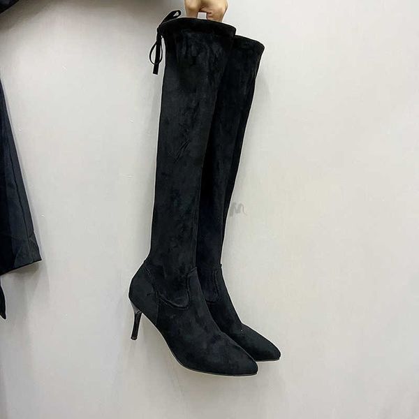 Botas Sapatos de inverno de outono Mulheres de alta qualidade inverno quente sobre joelhos botas compridas moda de salto alto as mulheres apontadas com sapatos magros AA230412