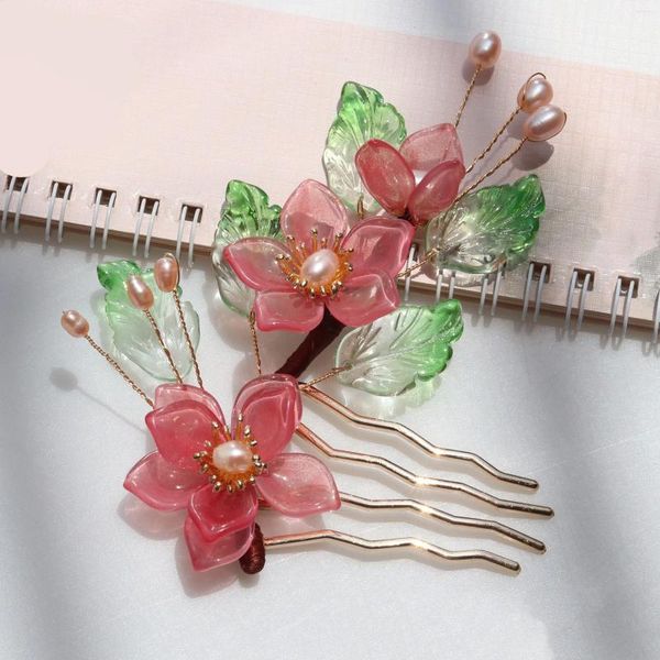 Grampos de cabelo verão lampwork folha de água doce pérola pente pinos para mulheres flor chinês hairpin headwear hanfu jóias de casamento