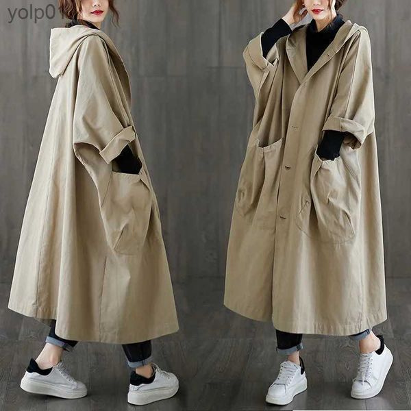 Casacos de trincheira femininos 2023 outono mulher longo trench coat moda coreano streetwear solto manto casual elegante cáqui preto com capuz blusão casaco newl231113