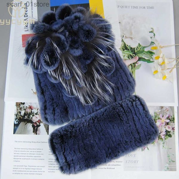 Hüte Schals Sets Heißer Verkauf Frauen Warme Rex Kaninchen Pelz Hut Schal Sets Winter La Stricken Pelz Hüte ffler 2 stück Natürliche Rex Kaninchen Pelz C SchalsL231113