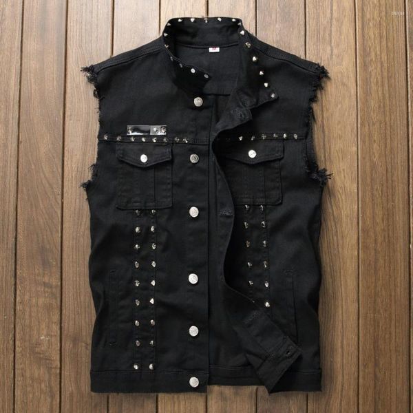 Gilet da uomo Stile punk Uomo Rosso Nero Bianco Rivetto hip-hop Jean Biker Gilet Uomo Cowboy Gilet slim fit Giacca di jeans senza maniche Streetwear