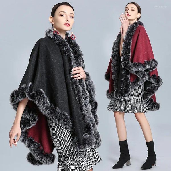 Lenços inverno quente plus size longo poncho preto cinza faux fur colar outstreet xale manto mulheres ambos os lados usam capas soltas