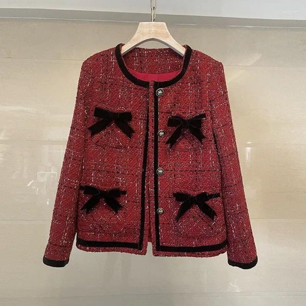 Giacche da donna Alta qualità Bello Autunno Piccola fragranza Vino rosso Tweed Bowknot Giacca Cappotto Elegante Donna Monopetto Capispalla femminile