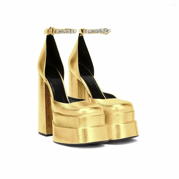 Sapatos de vestido Chunky Heel Mary Jane Plataforma Mulheres Golden Silver Square Toe High Saltos Banquete Bombas Design de Marca Passarela Tamanho Grande