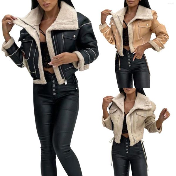 Jaquetas femininas jaqueta de couro falso recortado velo inverno quente shearling casaco lapela zip up motocicleta camisola listrada das mulheres