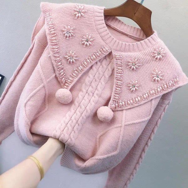 Kadın Sweaters Yün Ball Tavan Ağır Industy Boncuklu Bebek Boyun Kazak Kadın Külot Tweetheart Bahar ve Sonbahar Gevşek Örme