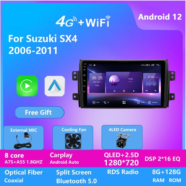 Videoregistratore per auto da 9 pollici con risoluzione HD Android 12 Lettore DVD GPS integrato per SUZUKI SX4 2006-2011