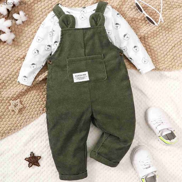 Giyim setleri aylar bebek erkek ve kız 2pcs kıyafetler set ayı basılı bodysuit yeşil genel moda sevimli sonbahar kış aşınma