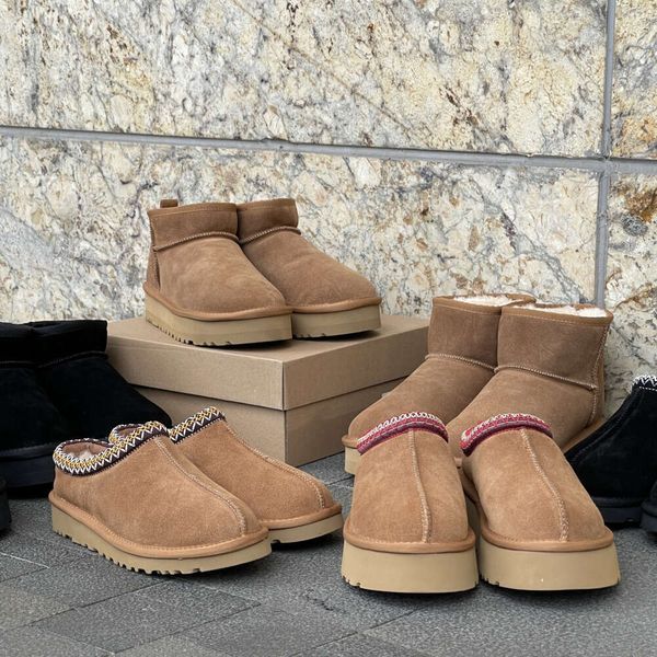 Tasman Pantoufles Tazz Slides Graines de moutarde en peau de mouton Shearling Classique Ultra Mini Plate-forme Boot Mules d'hiver Femmes Hommes Chaussures à enfiler Daim Tige Laine Automne UGGsity