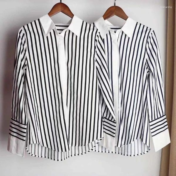 Blusas femininas preto e branco listrado manga comprida camisa estampada para mulheres outono solto