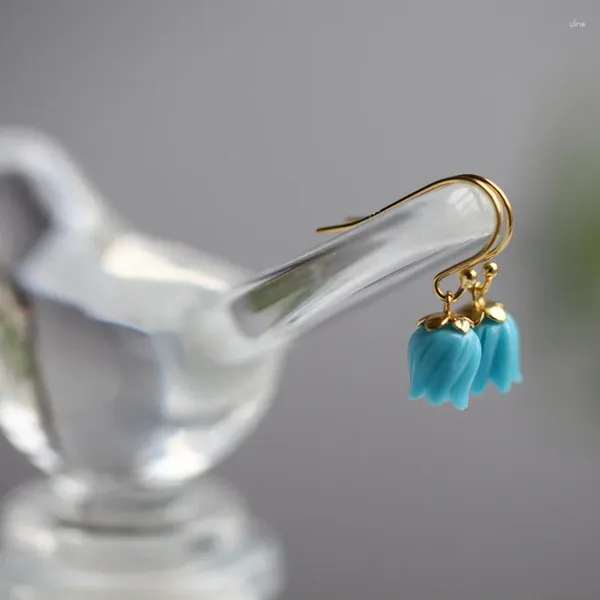 Boucles D'Oreilles Printemps Turquoise Argent Sterling Femme Été Rétro Fleur Bleue Boucles D'Oreilles Élégantes