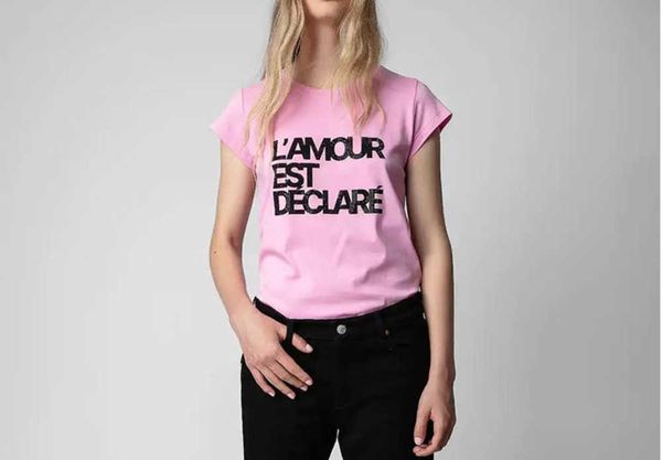 23ss Zadig Voltaire Mulheres Designer Camiseta Inglês Carta Slogan Imprimir Tees Diamante Quente Slim Fit Manga Curta T-shirt