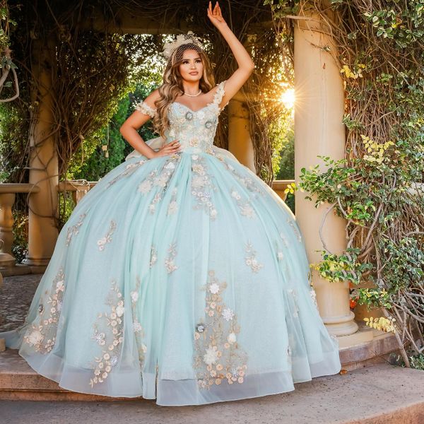 Hellgrün glänzendes Schatz-Ballkleid Quinceanera-Kleider handgemachte Blumen Applikationen Spitze Perlen Korsett Prom Vestido De 15 Jahre