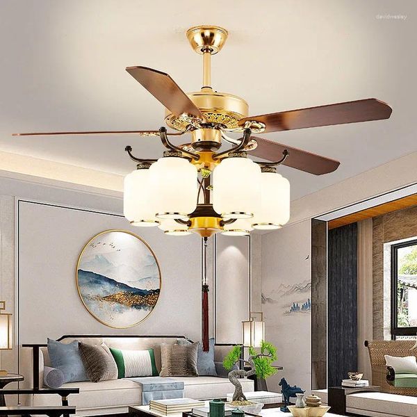 Ventiladores de teto estilo chinês com luz, ventilador para sala de estar, quarto, lâminas de madeira, motor DC, controle remoto reversível