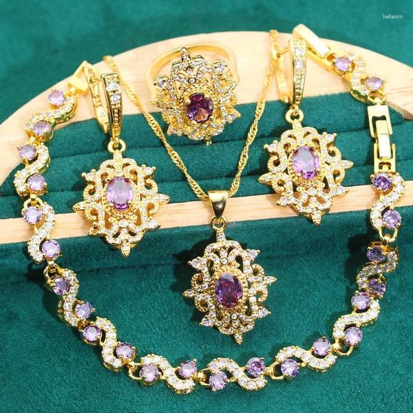 Halskette Ohrringe Set Dubai Luxuriöse goldfarbene Zirkonia Lila für Damen Armband Ring Brautaccessoires