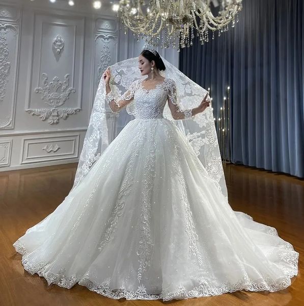 Abiti da sposa di lusso da ballo da chiesa Abiti da sposa maniche lunghe Applicazioni in pizzo Glitter Avorio Tulle Abiti da sposa Corsetto lungo treno 2024 Abito da sposa Robe De Mariee