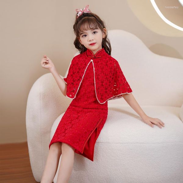 Roupas étnicas crianças garotas de renda qipao vestido vermelho roupas chinesas formais para crianças fofas