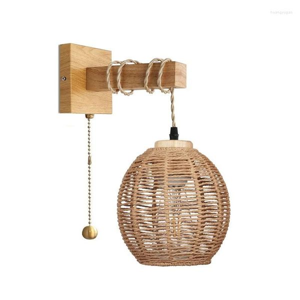 Wandleuchte Japanisches Retro-Licht mit Schalter Handgewebte Rattanholz-Wandlampen Wohnzimmer Nachttisch Vintage Heimdekoration Beleuchtung